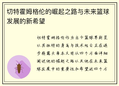 切特霍姆格伦的崛起之路与未来篮球发展的新希望